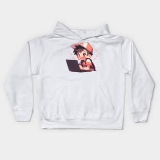 Cute Anime boy using laptop Kids Hoodie